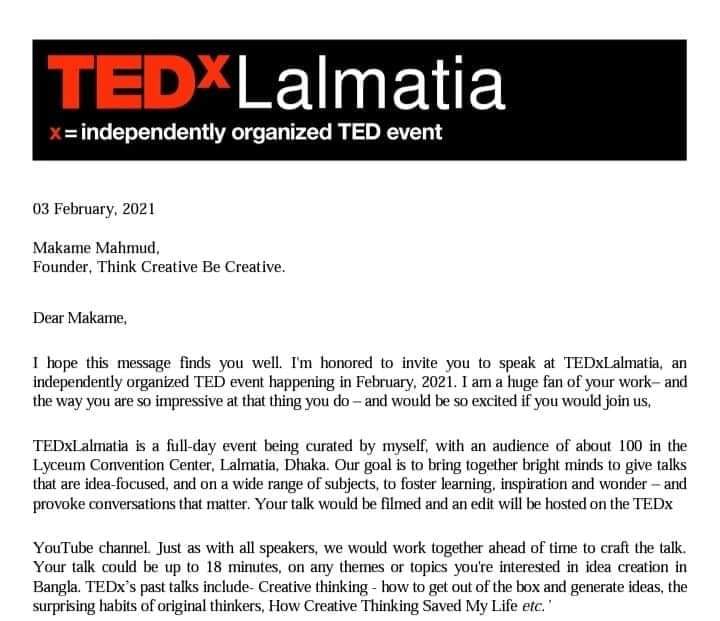 MakameMahmud3's tweet photo. By the Grace of Almighty Allah I've got the invitation to speak at TEDx Lalmatia, from TEDx platform. I will speak about "How the idea works" and present our Global platform @ThinkCreativeB1 Initiative activities.Thankful to organizer of TEDx Lalmatia

https://t.co/LEL6MSOIYn https://t.co/htlY2FFZNx