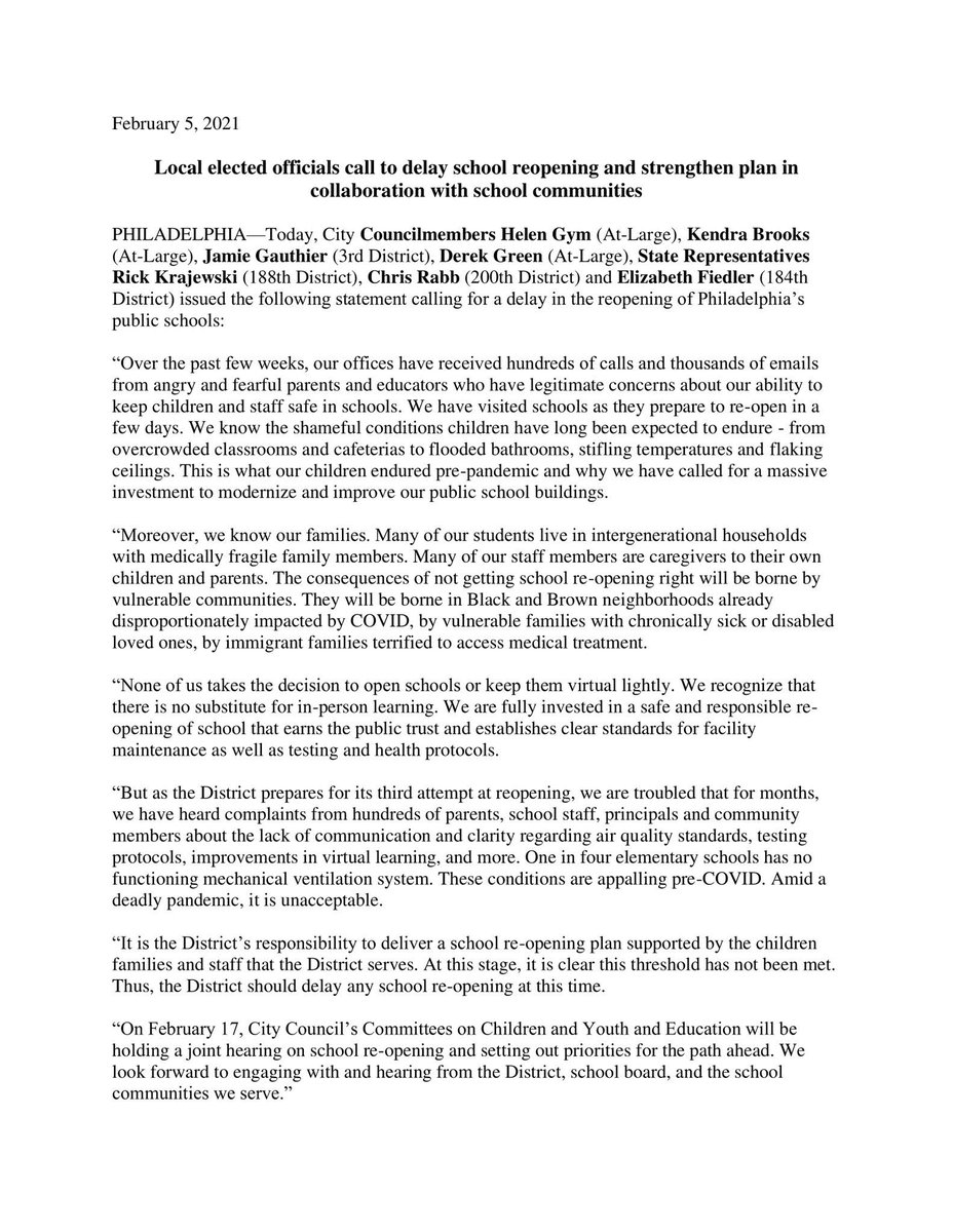 I'm grateful to my colleagues for signing onto this letter calling for a delay in school reopening + a commonsense plan for the weeks ahead. Tomorrow I'll be joining educators, school staff, & families to call for a real investment in a safe & responsible school re-opening plan.