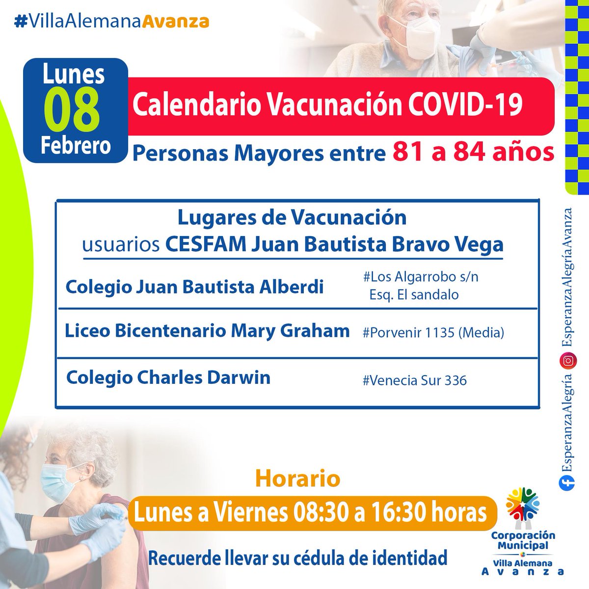 Munivillalemana's tweet photo. ❗SEGUNDA SEMANA DE VACUNACIÓN COVID-19❗
MAÑANA👌 corresponde a PERSONAS MAYORES ENTRE 81 Y 84 AÑOS 👴🏼🧓🏼

➡️Horario: De 08:30 a 16:30 horas
➡️Revisa los lugares de vacunación
➡️Recuerda que en los CESFAM no se Vacunará👀 https://t.co/p3oZdUjwJI