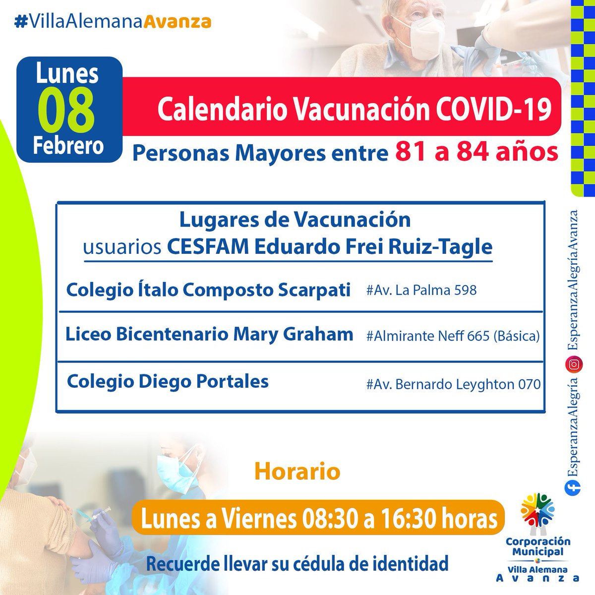 Munivillalemana's tweet photo. ❗SEGUNDA SEMANA DE VACUNACIÓN COVID-19❗
MAÑANA👌 corresponde a PERSONAS MAYORES ENTRE 81 Y 84 AÑOS 👴🏼🧓🏼

➡️Horario: De 08:30 a 16:30 horas
➡️Revisa los lugares de vacunación
➡️Recuerda que en los CESFAM no se Vacunará👀 https://t.co/p3oZdUjwJI