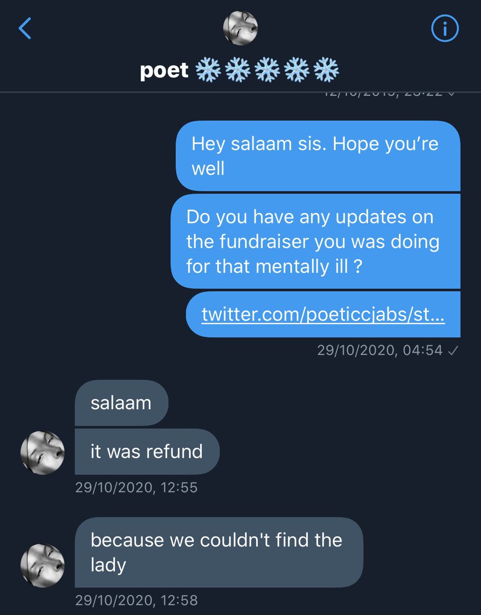 Just to add, last year I messaged her about another fundraiser she did for a mentally ill somali mother, and this is what she said. One of my Mutuals has told me he has seen her set up gofundme for people who haven’t even consented.