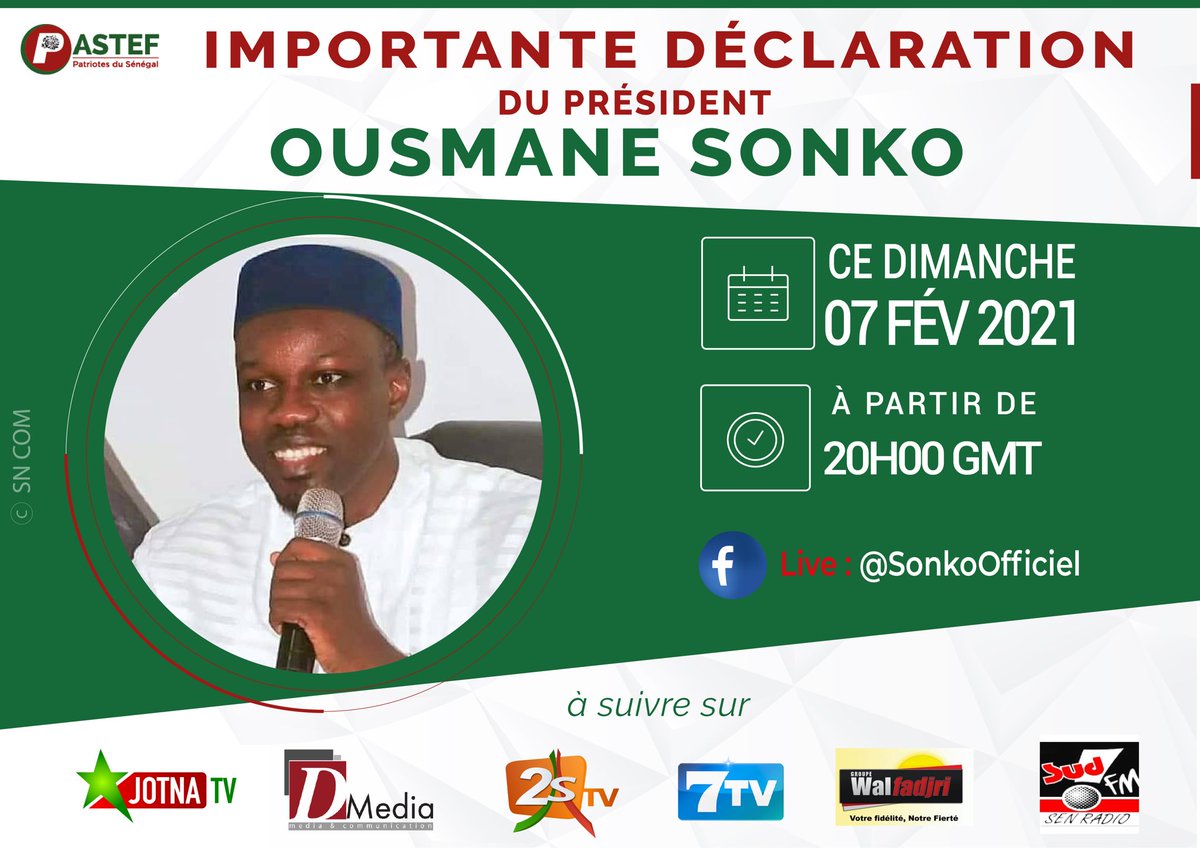 SonkoOfficiel's tweet photo. Chers concitoyens, 

Je compte m'adresser à vous dans une déclaration que je ferai tout à l'heure à 20 heures.

En raison des restrictions dues à la situation sanitaire, tous les médias ne pourront y être invités.
#Senegal https://t.co/7Xf7RJWMvS