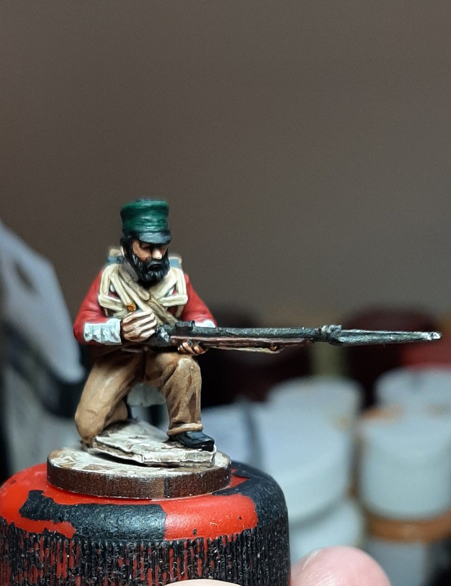 All the colours are taken up to the third level, metal areas highlighted and final woodgrain painted on.For me this is my favourite part of the painting, sort of brings the figure to life.Then its time to gloss varnish the figure.