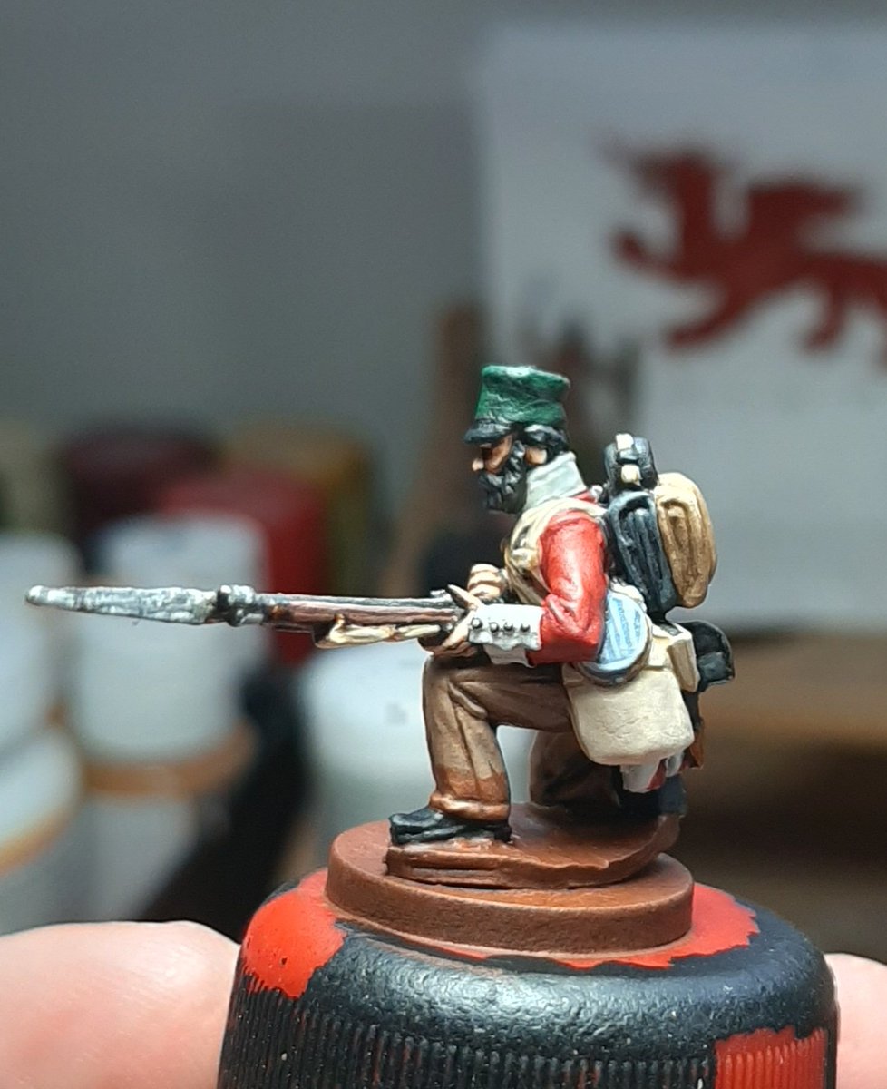 Last stage and I'll say, never underestimate the effect of a good matt varnish lol.Flattens everything down and makes the colours look more natural. Here's the finished article with the his mates.Just the basing left, but that'll be down to the owner to do 