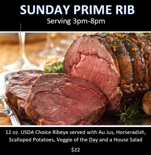 Join us for Sunday Prime Rib and stay for the Big Game!  The Kitchen will be open until 10pm tonight serving Appetizers and Pizzas.  $2 OFF all wing orders, plus $3 Beef Empanadas, $3 Jumbo Pretzel with cheese sauce and Mandi's Bar Specials all day and night long!