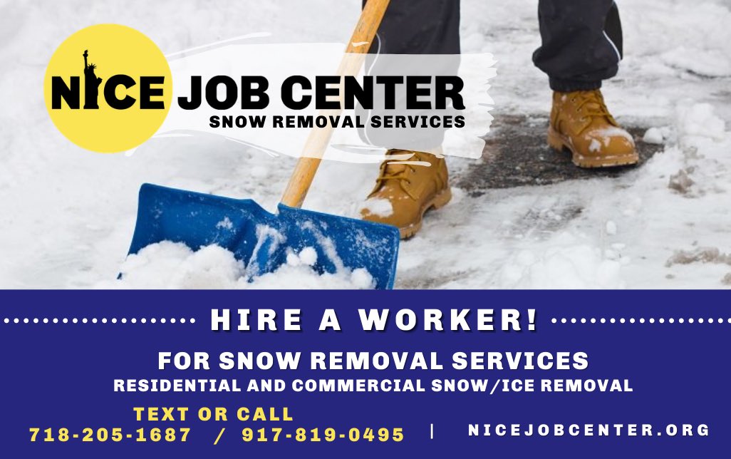 Neighbors: #DayLaborers are available to help with #snowremoval jobs. To make arrangements please call or text us at 917-819-0496

Pro Tip: NICE is a #nonprofit organization. We do not charge fees to #workers or to employers for our services. Workers get to keep all their wages!