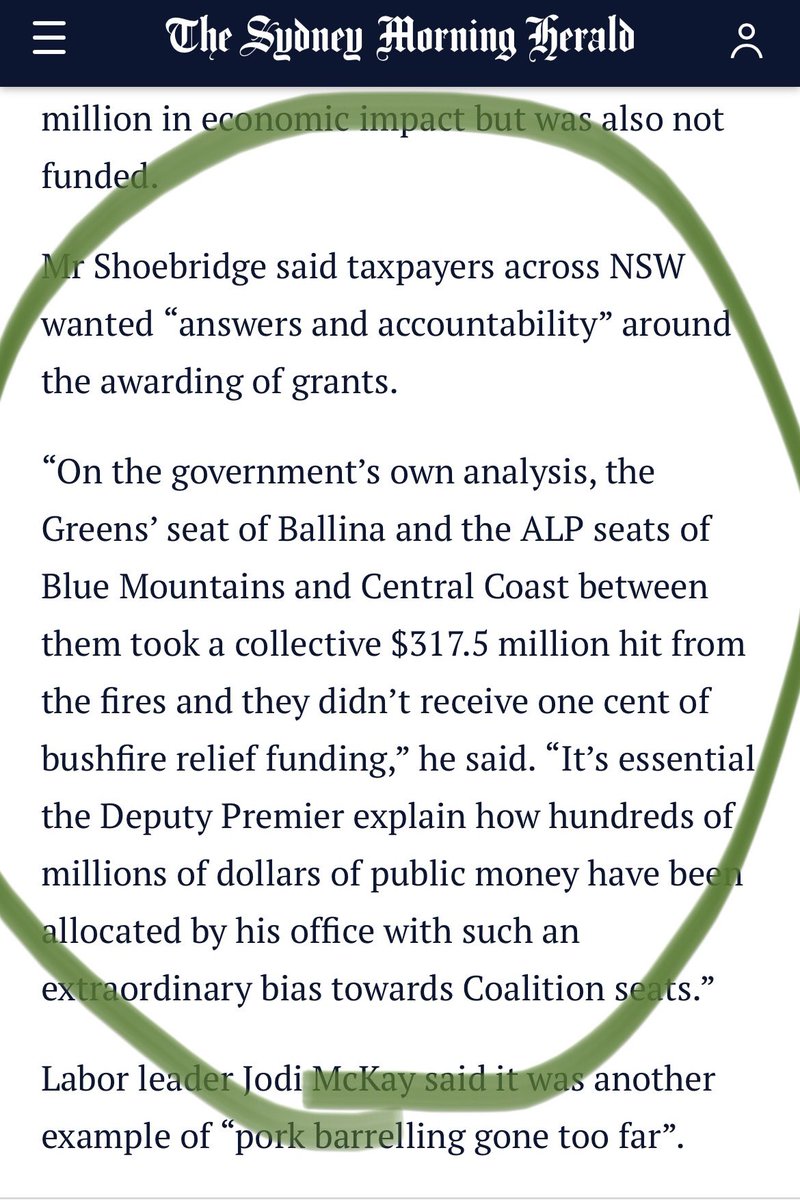 On the government’s own analysis, the Greens’ seat of Ballina and the ALP seats of Blue Mountains and Central Coast between them took a collective $317.5 million hit from the fires and they didn’t receive one cent of bushfire relief funding