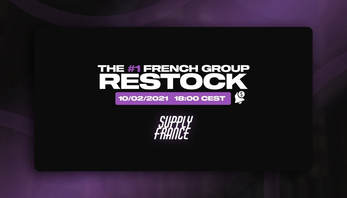 SupplyFrance's tweet photo. Restock ALERT ! 💜🚨

Merci à vous pour les 3000 abonnés! 🙏

On se donne rendez-vous Mercredi 10/02 - 18:00 CEST
sur notre Discord #restock (lien en bio) 🔗

Retweet 🔁 &amp; Like ❤️ pour un accès anticipé! https://t.co/elsP2YEAyY