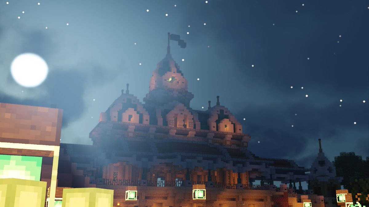 The parks main train station glows as darkness falls over Hyperia ✨🌕💫