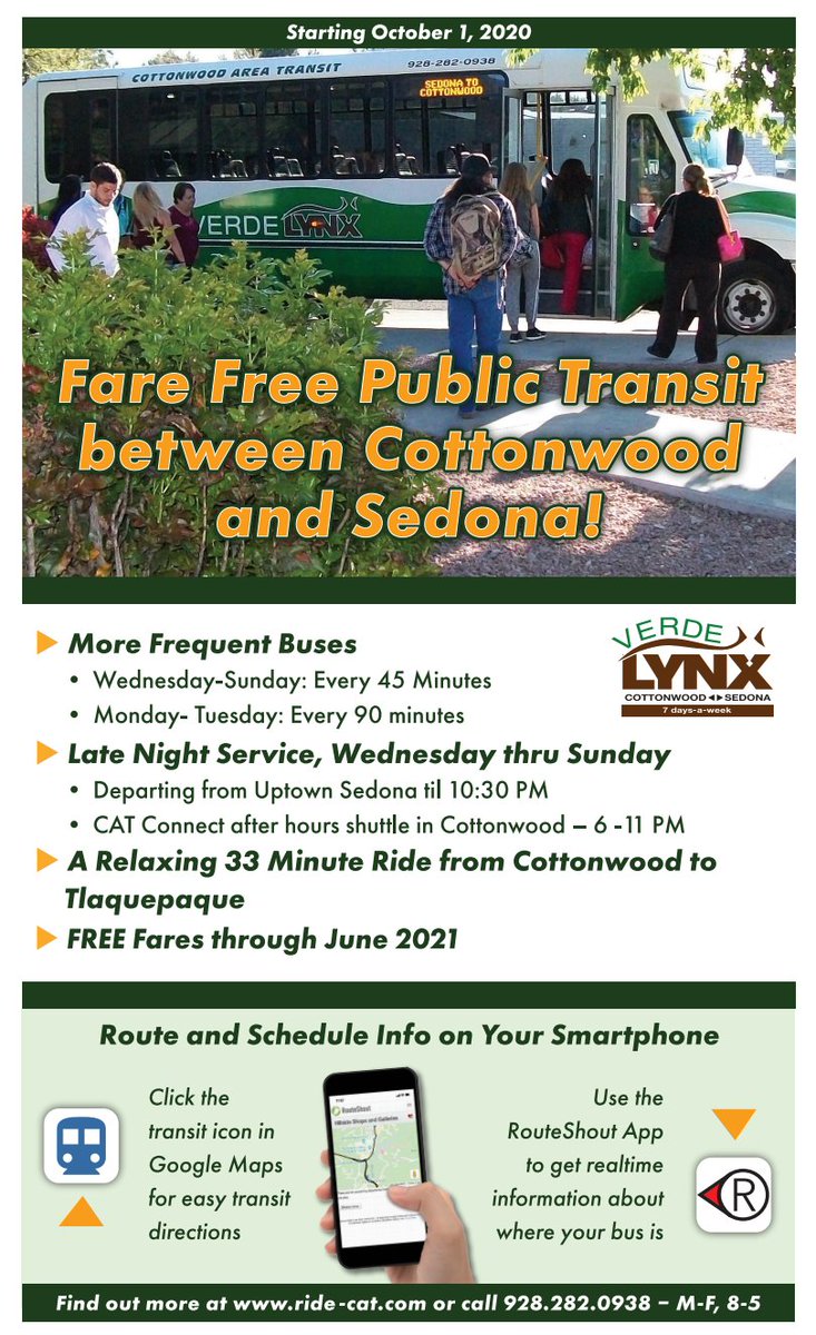 SedonaChamber's tweet photo. Just a friendly reminder the Verde Lynx has FREE fare public transit between Cottonwood and Sedona all the way through June! Enjoy a relaxing ride and save money on gas!
Cottonwood Area Transit https://t.co/8xhZYdZhvY