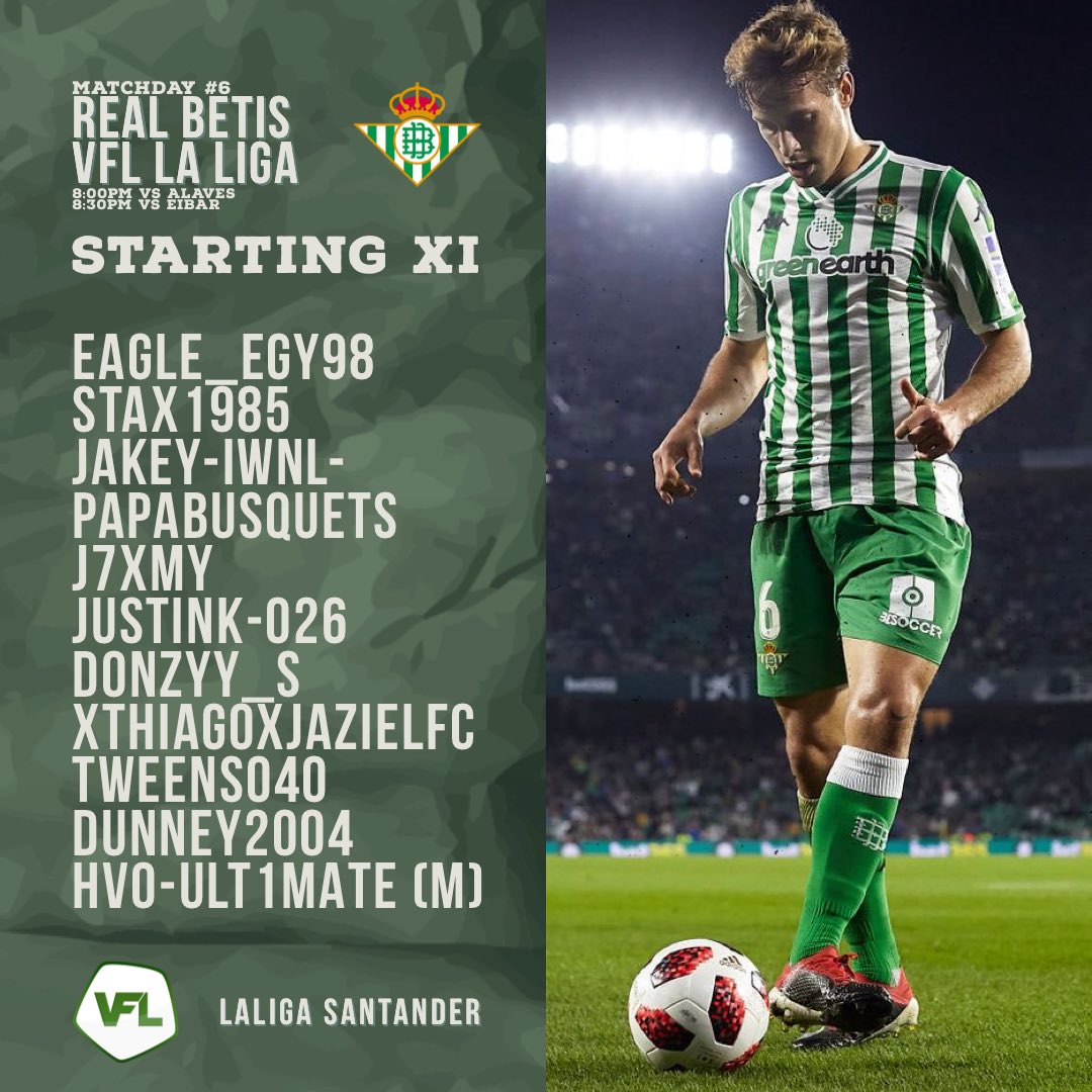 VFL_RealBetis's tweet photo. This is how we lineup vs @VFLAlaves_ and @VflEibar. Hopefully we can get some results against tonights opponents.

@TheVFL_ https://t.co/fyxOL5ffwZ