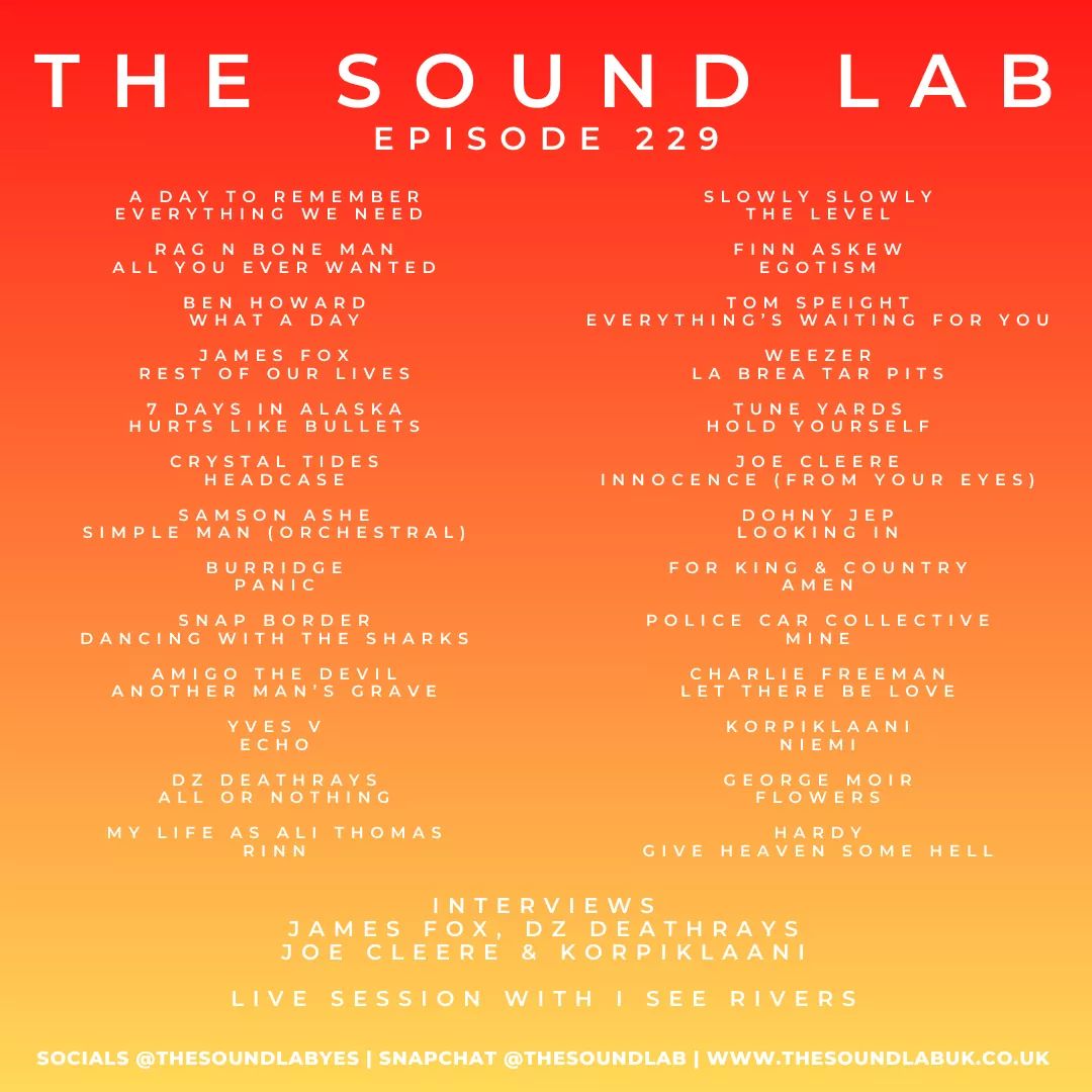 We have a brand new radio show now available at mixcloud.com/TheSoundLabUK/…

On this weeks show we have interviews from <a href="/JamesFoxSongs/">James Fox</a>, <a href="/DZDEATHRAYS/">DZ DEATHRAYS</a>, <a href="/joecleere/">Joe Cleere</a> &amp; <a href="/_korpiklaani/">Korpiklaani</a> plus a live session from <a href="/ISEERIVERS/">I SEE RIVERS</a>!

Share the love!

#NewMusic #Podcast #NewMusicPodcast