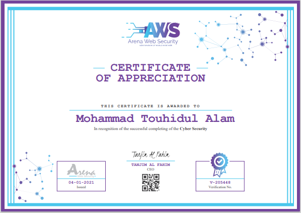 Touhidcse's tweet image. Certified EH &amp;amp; Cyber Security Specialist 🇧🇩🇧🇩🇧🇩
Thanks to Arena web security, all members of batch 28 of arena web security. It was a nice journey in my life.