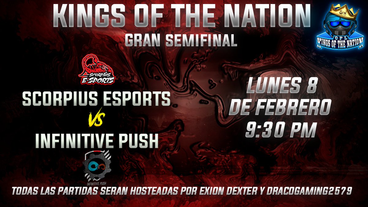 Segunda semifinal de esta temporada de #KingsOfTheNation. Un nombre muy conocido en los torneos de OPL, <a href="/InfinitivePush/">Infinitive Push</a> se medirá ante la escuadra de @ScorpiusOrg, un choque digno de semifinal. Los esperamos mañana en vivo a través de nuestras plataformas.