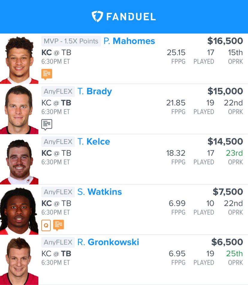 cobioconnell's tweet photo. My two NFL Super Bowl lineups for the single game slates on Fanduel! I wanted to play Butker, but couldn’t find a lineup I preferred. If any changes happen, I’ll be sure to update. Good luck! @SportsVerseHQ 

#NFL #DFS #Fanduel https://t.co/ZGAhkpxXS3