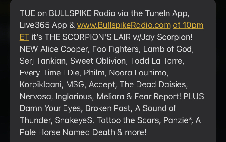 <a href="/BULLSPIKEradio/">BULLSPIKE Radio™ 🤘</a> <a href="/accepttheband/">Accept</a> <a href="/WeAreInglorious/">Inglorious</a> <a href="/asotband/">A Sound of Thunder</a> <a href="/APHND/">APaleHorseNamedDeath</a> <a href="/realmeliora/">Meliora</a> <a href="/SnakeyesMetal/">SnakeyeS</a> <a href="/DamnYourEyes3/">Damn Your Eyes</a> <a href="/brokenpastnj/">Broken Past</a> <a href="/TattooTheScars/">Tattoo The Scars</a> <a href="/Panzierocknroll/">PANZIE</a>