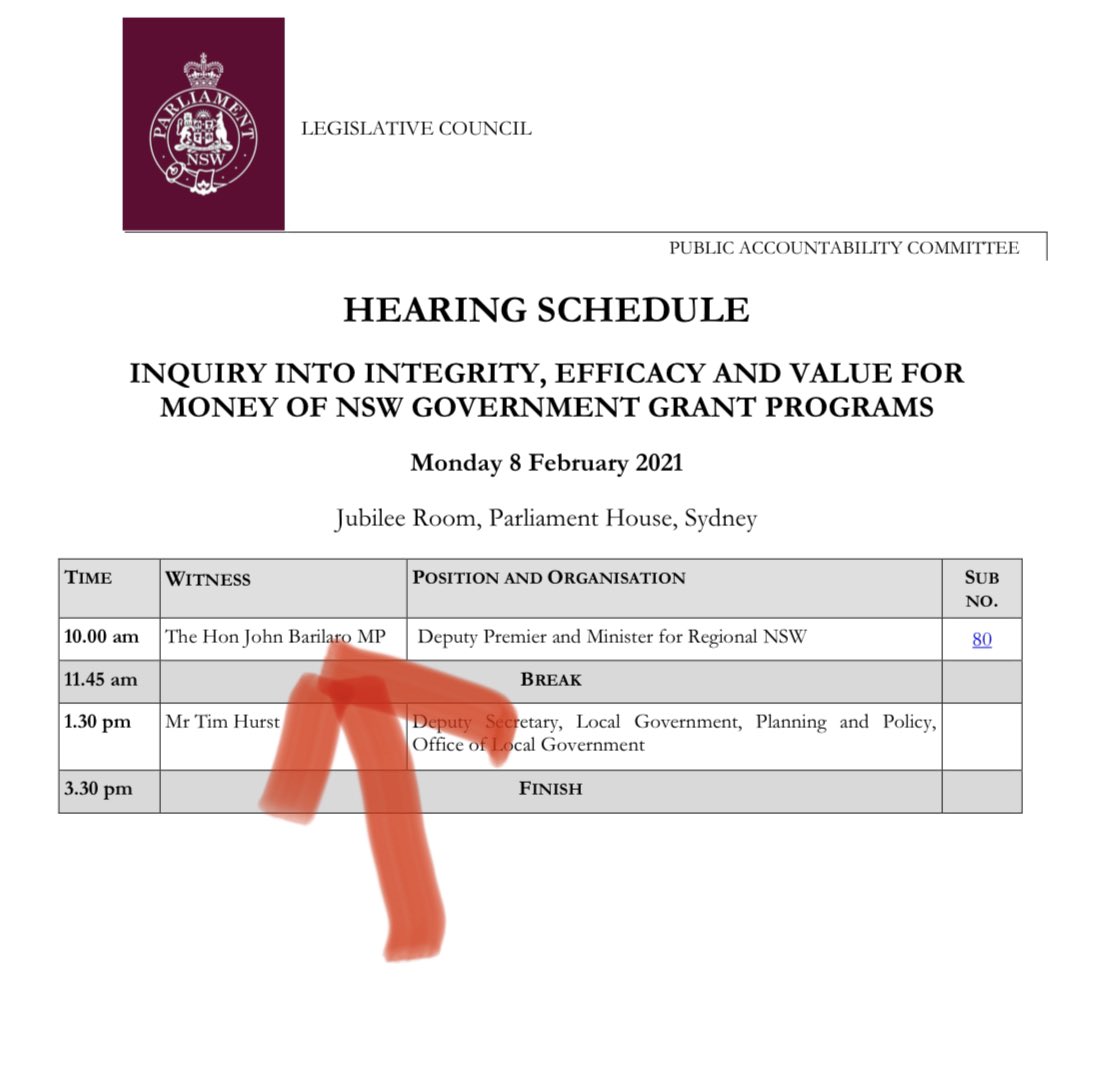 The Grants Inquiry starts again today at 10am with the Deputy Premier John Barilaro coming to answer, one or two, questions