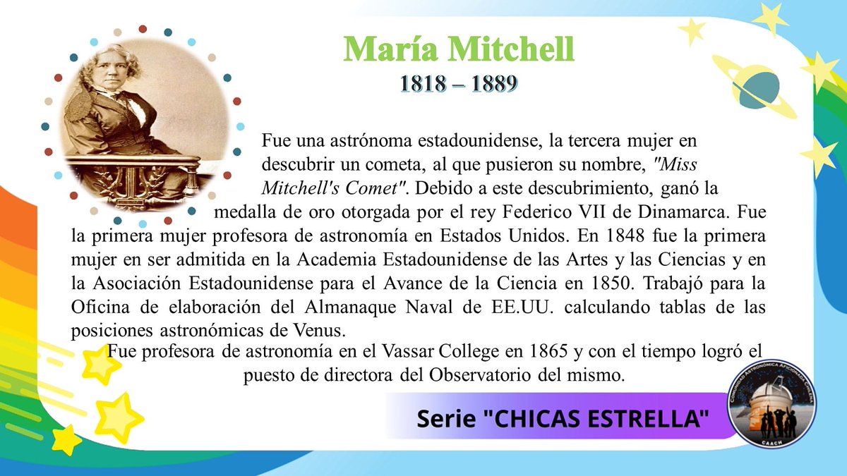 ComAstronomica's tweet photo. en nuestra serie #ChicasEstrella 🌠
Hoy... María Mitchell 💫
Conmemorando el Mes Internacional de la #Mujer y la #Niña en la #Ciencia 
#mujeresenciencias #mujeresastrónomas #mujerescientíficas #divulgacionastronómica #divulgacioncientífica #divulgaciencia #astronomía #astrónomas https://t.co/q8CDyF58RM