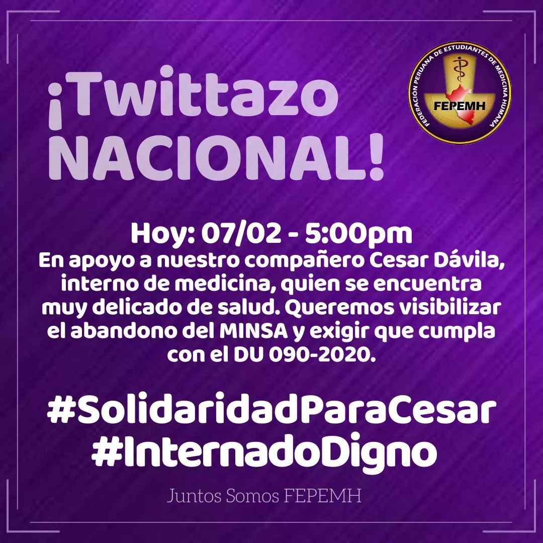 Hoy a las 5:00 p.m. manifestémonos en apoyo a nuestro compañero César Dávila y contra el abuso a nuestros compañeros internos olvidados por el MINSA.
Usemos el HT #SolidaridadParaCesar e #InternadoDigno 
Además, etiquetemos a <a href="/Minsa_Peru/">Ministerio de Salud</a> y <a href="/EsSaludPeru/">EsSalud Perú</a> para que respondan.