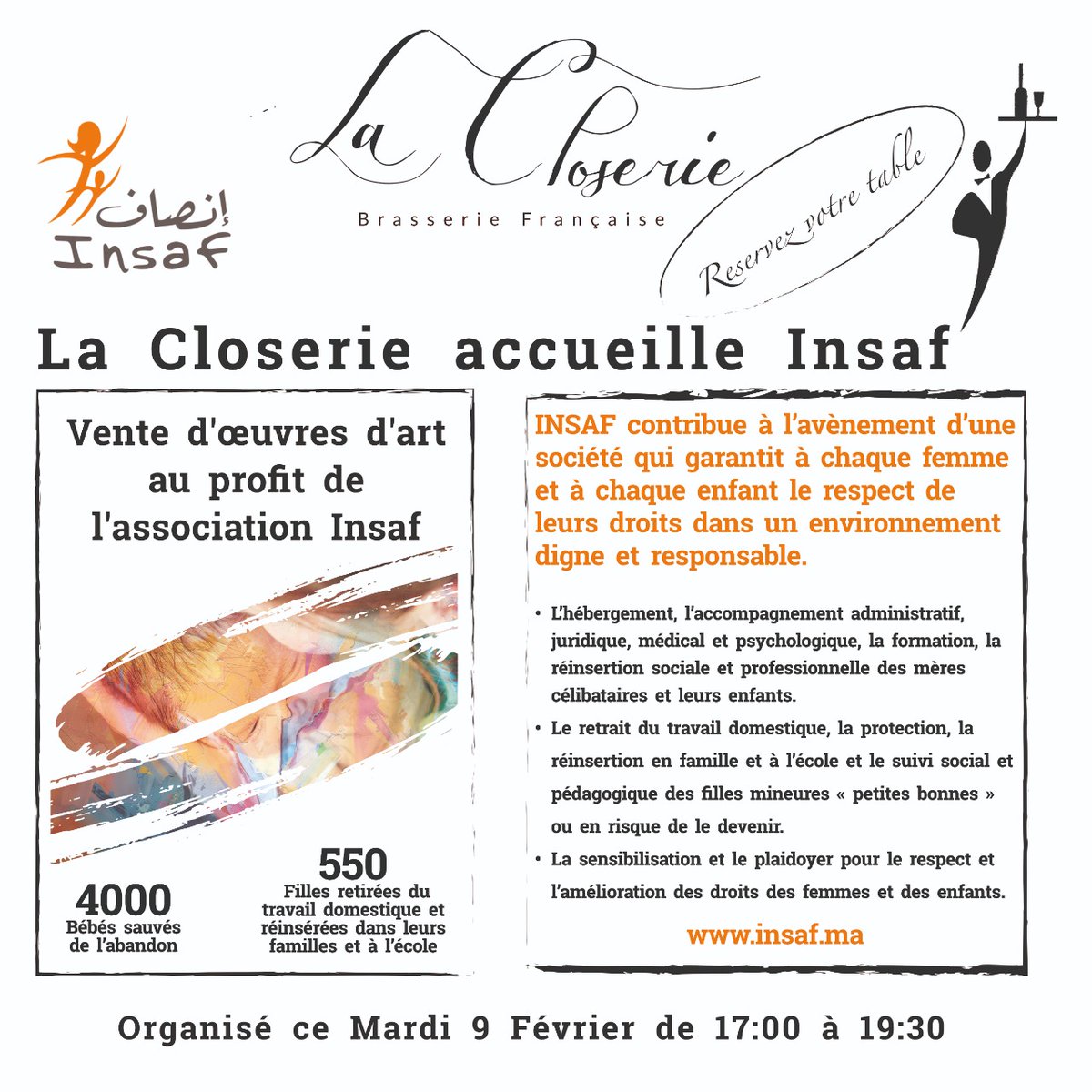 Nous sommes ravis de vous convier à cet évènement autour de l'art et du partage. Nous remercions vivement les artistes pour leur générosité.

Réservations au 
+212 5 22 99 64 05 
Places limitées.
185, bd Bir Anzarane - CASABLANCA (service voiturier).