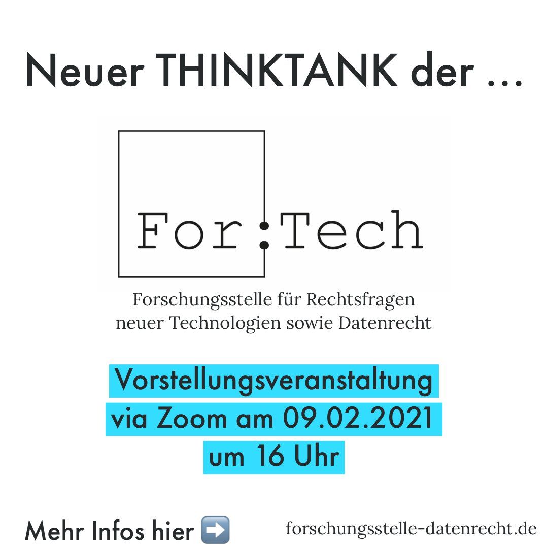 JakobKnapp4's tweet image. ForTech startet einen neuen ThinkTank (ForTech Advanced Series) für Studierende. Das Thema für das Jahr 2021: „Eine Taxonomie des Datenzugangs“. Schaltet euch zur Vorstellungsveranstaltung mit @louisa_specht am 09.02 ab 16:00 Uhr dazu! Alle Infos unter: forschungsstelle-datenrecht.de/fortech-advanc….