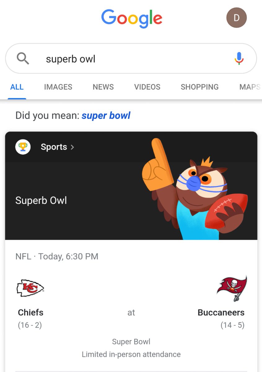 Sportball of any kind means extremely little to me in my day to day life, but I love that <a href="/Google/">Google</a> allows you to search for "superb owl" and will give you a relevant result!