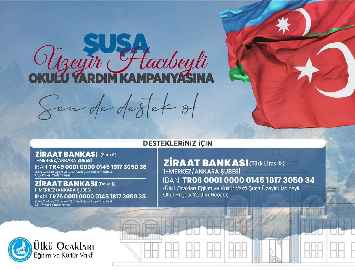 aliimir5050's tweet photo. Ülkü Ocakları olarak Şuşa'da yapacağımız Üzeyir Hacıbeyli Okulu için başlayan yardım kampanyasına tüm ülküdaşlarımızı davet ediyoruz.
🇹🇷🇦🇿 https://t.co/F7j08Lrjhx https://t.co/c9yX0pNFjG