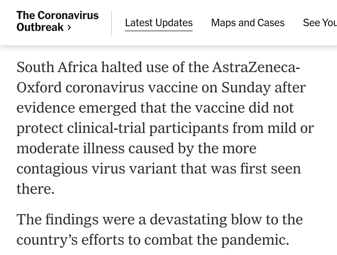 BREAKING—South Africa has stopped the use of the AstraZeneca-Oxford COVID19 vaccine, as it couldn't protect participants from mild or moderate illness c…