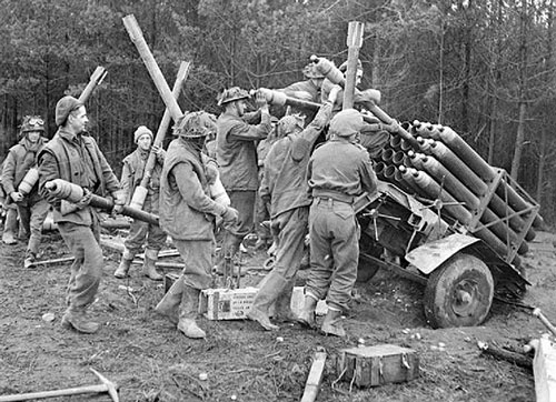 Also in the arsenal was the 1st Canadian Rocket Battery: The battery consisted of twelve “projectors” which were two-wheel trailers mounting 32 light-gauge tubes. Each tube fired a three-inch rocket with a 29-pound high explosive warhead to ranges between 4,000 and 8,000 yards.