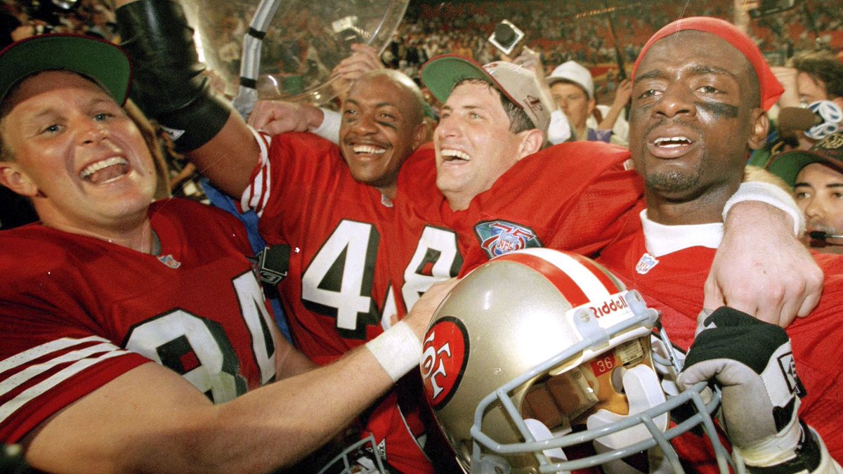 MertonHanks36's tweet photo. Best of luck to @SuperBowl teams. Some things never get old. Winning a Super Bowl is one of them. San Francisco 49ers Super Bowl XXIX postgame celebration @SteveYoungQB @49ers @pac12 @NFL https://t.co/Qwp39bQrlW