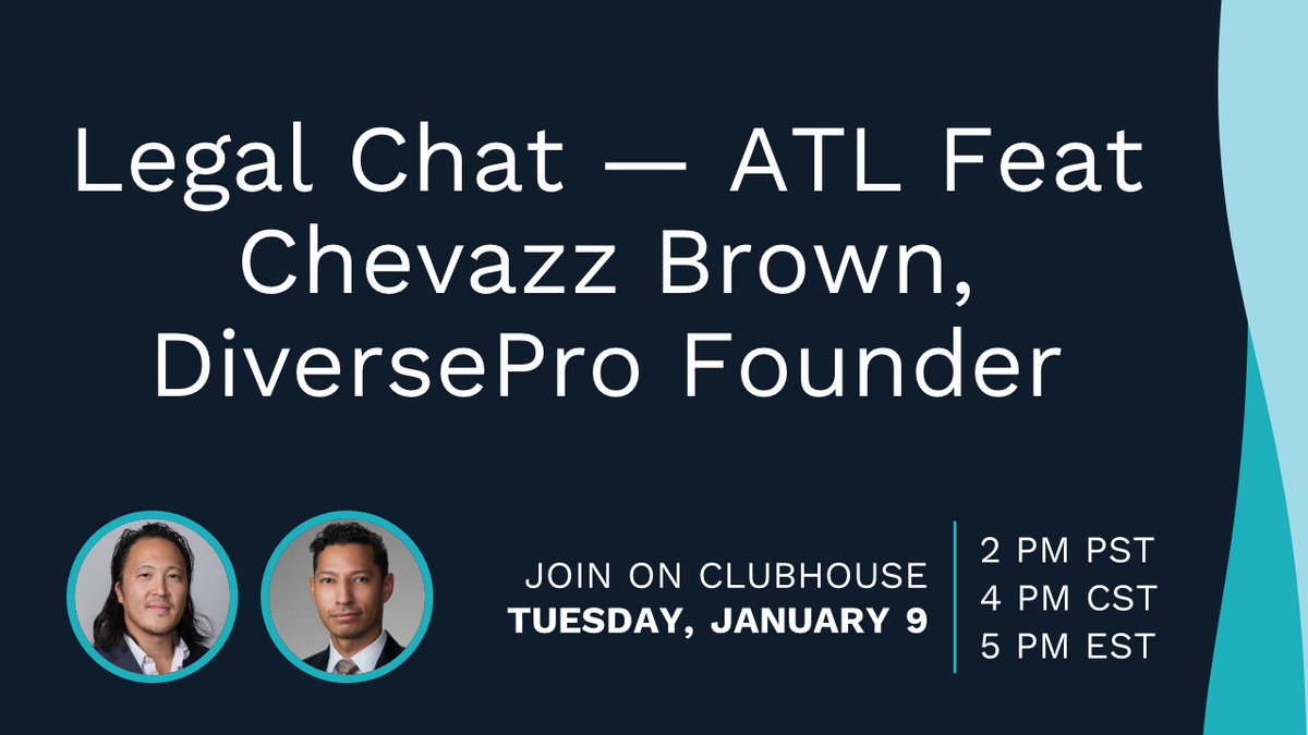 DiversePro_App's tweet photo. Join @RenweiChung (@atlblog) and Chevazz Brown (@Jackson_Walker) tomorrow on Clubhouse👋 at 2 PM PST/4 PM CST: https://t.co/WwxLlPYYWc
#clubhouse #diversity #DiversePro #AbovetheLaw #lawyers #Clubhouseevents #clubhouseapp #legalchat https://t.co/xuC8XlgSnp