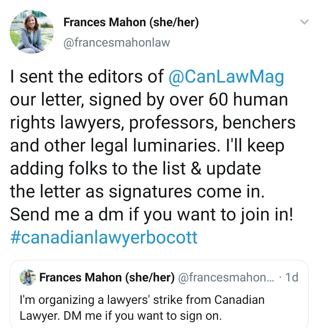 And a letter signed by human rights lawyers, professors etc...I hope  @CanLawMag publishes it Let's see who bullied you into giving up journalistic integrity