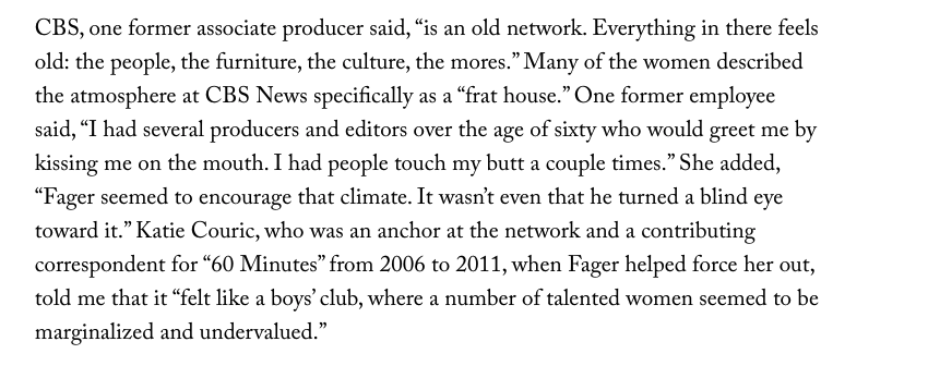 6. Later,  @ronanfarrow reported much of what we’d tried to, as well as on the campaign to kill our story. Fager was eventually fired after threatening a CBS reporter looking into allegations against him.  https://www.newyorker.com/magazine/2018/08/06/les-moonves-and-cbs-face-allegations-of-sexual-misconduct