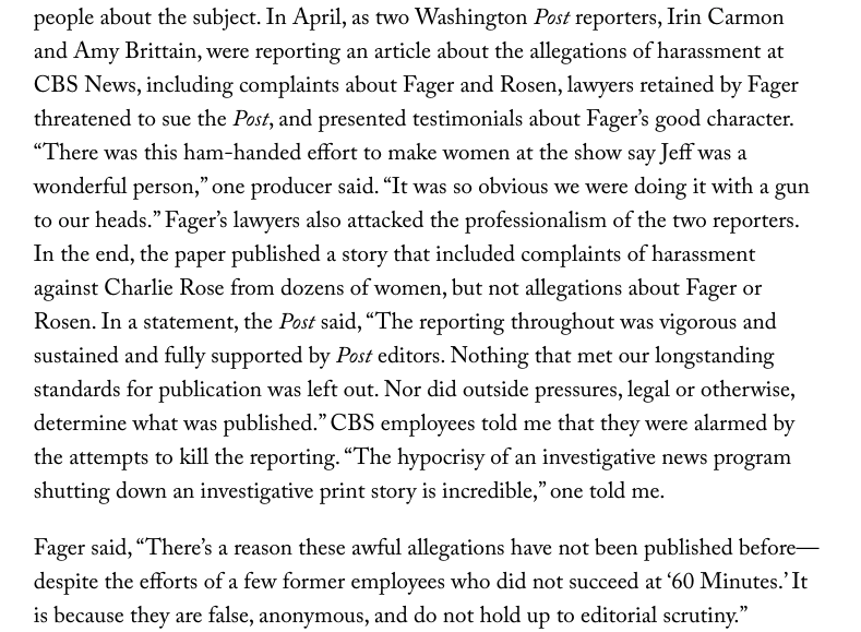 6. Later,  @ronanfarrow reported much of what we’d tried to, as well as on the campaign to kill our story. Fager was eventually fired after threatening a CBS reporter looking into allegations against him.  https://www.newyorker.com/magazine/2018/08/06/les-moonves-and-cbs-face-allegations-of-sexual-misconduct