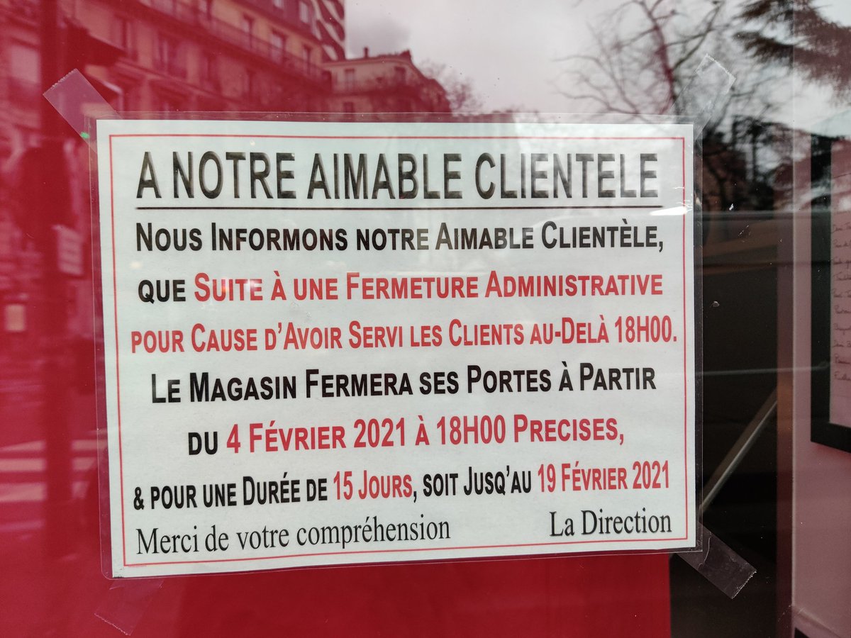 Quinze jours de fermeture administrative pour la boulangerie en bas de chez moi pour avoir mis en danger des gens en vendant du pain après 18h. Quel monde absurde