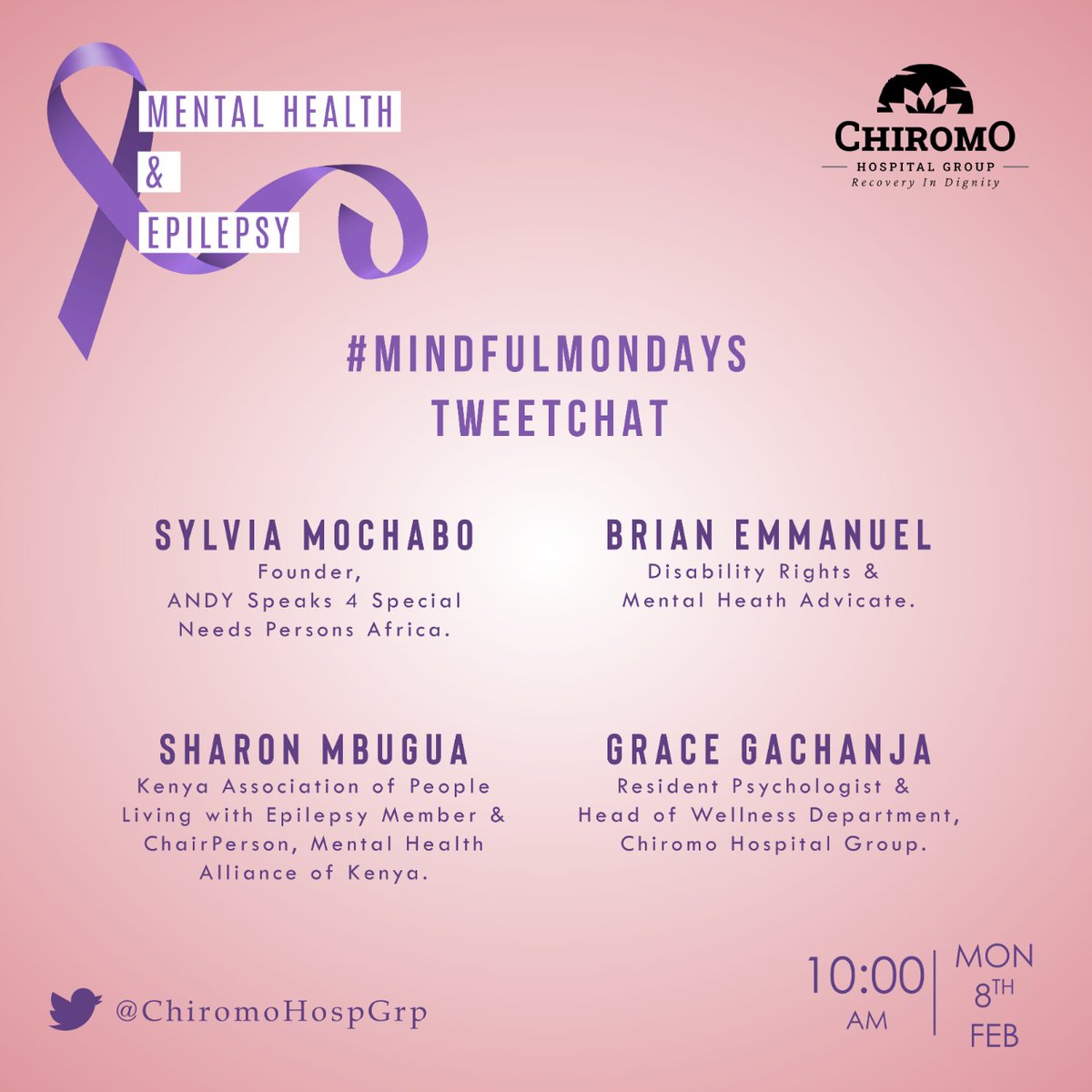 Good Morning &amp; Welcome to #MindfulMondays where we demistify #mentalhealth!

Today we will be addressing MENTAL HEALTH &amp; EPILEPSY . 

@JustBrian_Music 
<a href="/MoraaSylvia/">Dr Sylvia Mochabo Akinsiku</a> 
<a href="/mbugua_sw/">Sharon Mbugua</a> 
<a href="/GraceWGachanja1/">Grace Gachanja</a> 
<a href="/voice4epilepsy/">The Voice for Epilepsy</a> 

Let's get started.

#MyMentalHealthFirst
#Epilepsy 
#February