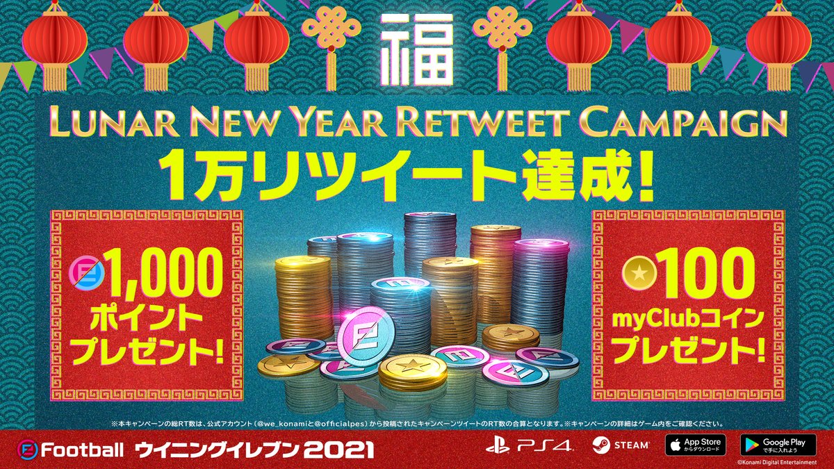 ウイニングイレブン Lunar New Year Retweet Campaign 2万リツイート達成 合計2 000efootballポイント 合計0myclubコイン プレゼント 本キャンペーンの総rt数は 公式アカウント We Konamiと Officialpes から投稿されたキャンペーンツイートの