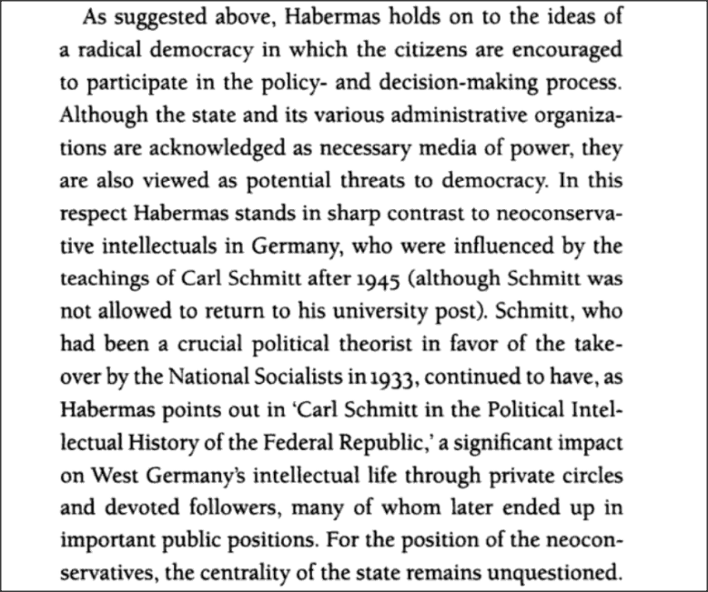 For Habermas, what Schmitt and Heidegger had in common was their Catholic background, leading to their welcoming of Hitler as the leader of a new Germany. https://books.google.com/books?id=9Orglj924FAC