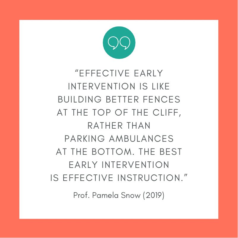 Isaology's tweet image. “Effective early intervention is like building better fences at the top of the cliff, rather than parking ambulances at the bottom. The best early intervention is effective instruction.” ~Prof. @PamelaSnow2
#PhonicsCheck #CodeREaD #Dyslexia #DevLangDis #PreventionAsIntervention
