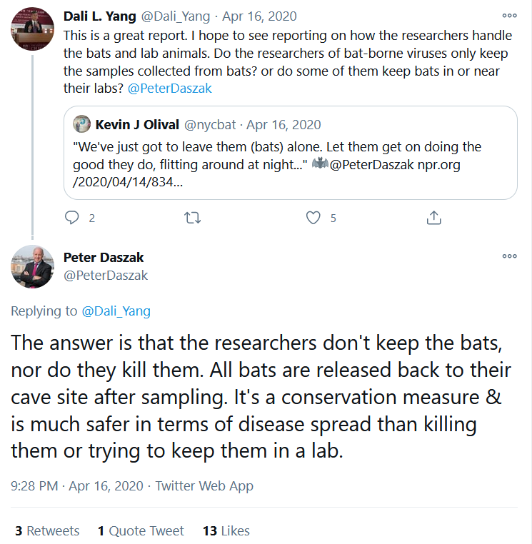 We know that the story we've been told is inaccurate. The WIV filed a patent in 2018 for bat cages but EcoHealth President Daszak said all the bats are released back to their cave site and not killed.  https://twitter.com/Ayjchan/status/1351519374742614037