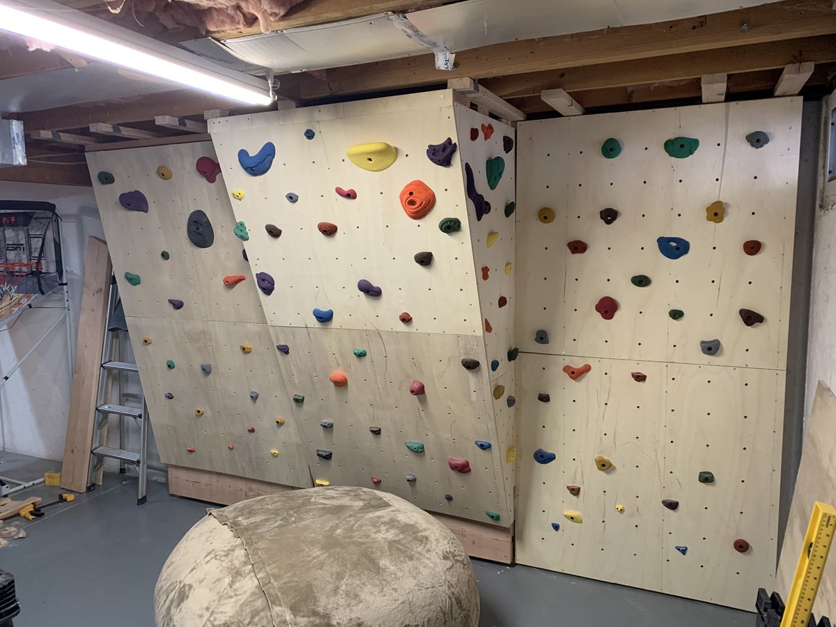 trentn78's tweet photo. Some used #quarantine to #bake or sing #seashanties. I went a slightly different route and built a #climbing wall for my daughter for when she can’t train at @DRGclimbing. Thanks to @MetoliusClimb and @atomikclimbing for awesome holds and help with plans! https://t.co/iJios2b8PO