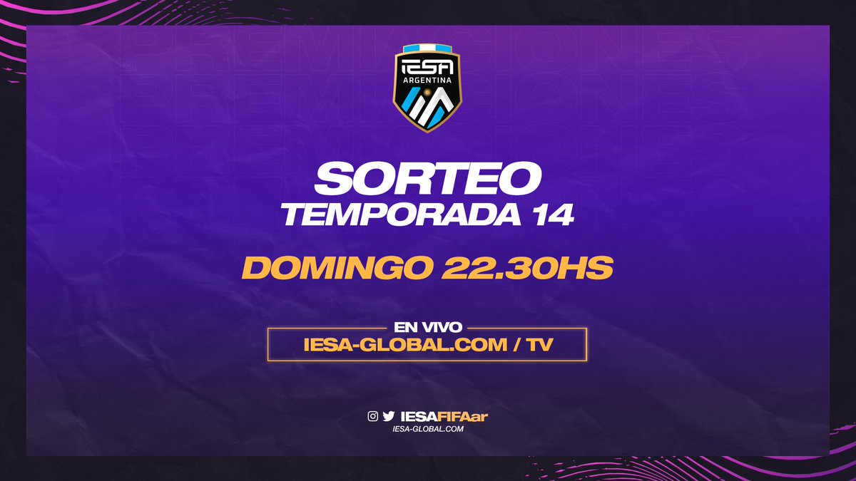 SE VIENE EL SORTEO

Luego de la final de #IESASummerSeries ☀️ tendremos el sorteo de las divisiones de #PS4 para la Temporada 14.

Calendario, ascensos, descensos, reducidos, promociones. No te lo pierdas 👀

🕑 22:30hs

➡️ iesa-global.com/tv