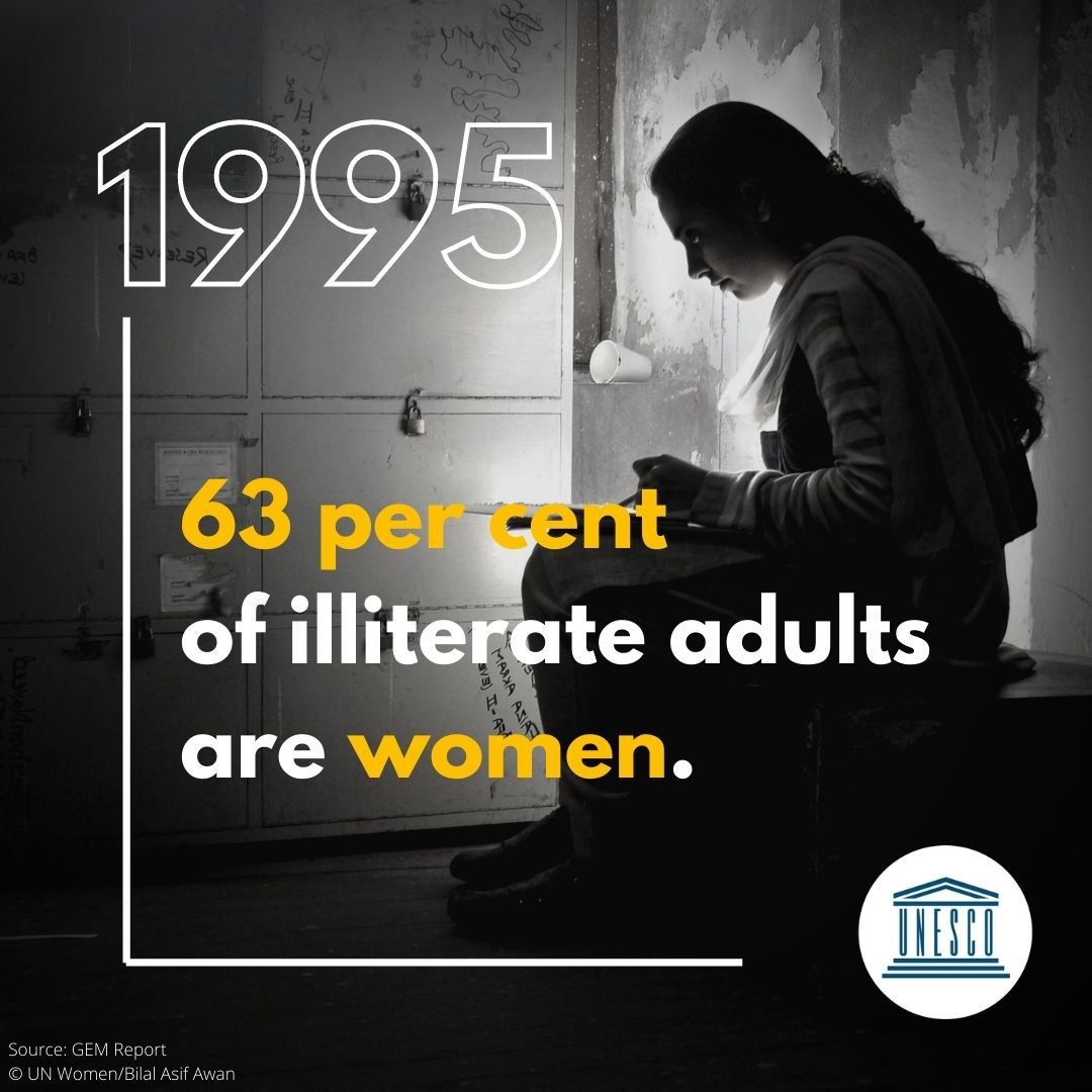 UNESCO's tweet photo. In the past 26 years, the percentage of women of illiterate adults across the world has remained the same -- 63 per cent.

It’s about time we make a difference: https://t.co/9WxofvUHso #GenerationEquality

How it's been                  How it's going https://t.co/BW39L4DJ24