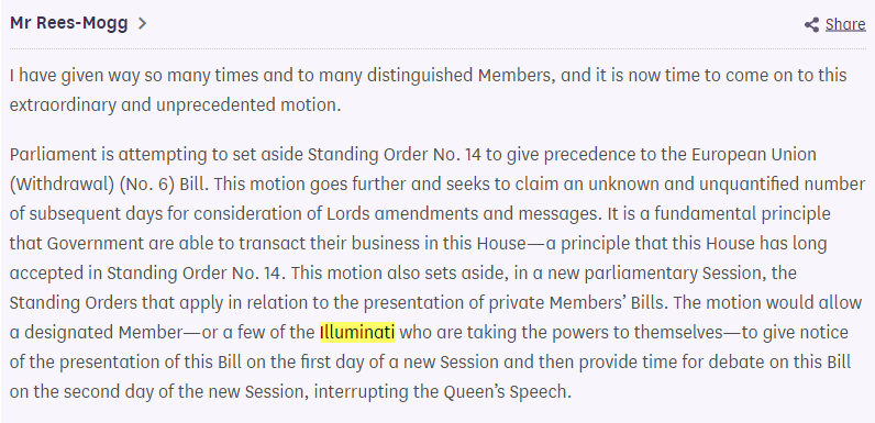 Yet in a September 2019 Brexit debate, Jacob Rees-Mogg castigated two fellow Tories of Jewish background, Sir Oliver Letwin & Speaker John Bercow, as “ #Illuminati who are taking the powers to themselves.” A month later he said “The remoaner funder in chief was George Soros”.