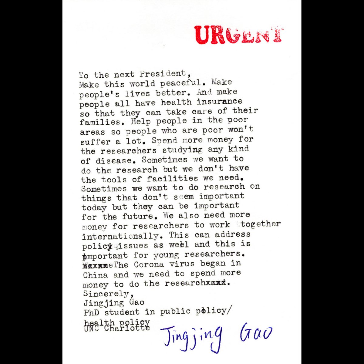 SherylOring's tweet photo. Day 18 of 100...
“...Sometimes we want to do the research but we don’t have the tools of facilities we need...” -Jingjing Gao
One of today’s three cards typed during a performance at UNC Charlotte in 2020. @POTUS @VP #activatingdemocracy #iwishtosay https://t.co/WBnt5U7CGS