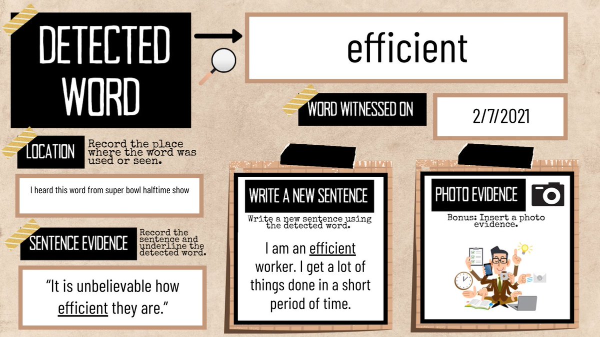 🔍Word Detective's Notebook🕵🏾‍♀️

I used to give out extra credit badges 🏆for Ss who could "detect" vocabulary words of the week outside of class. They would take photos from newspapers, TV, textbooks or recognize others using it &amp; note it👂🏼✏️

Here's a slides version👇🏼