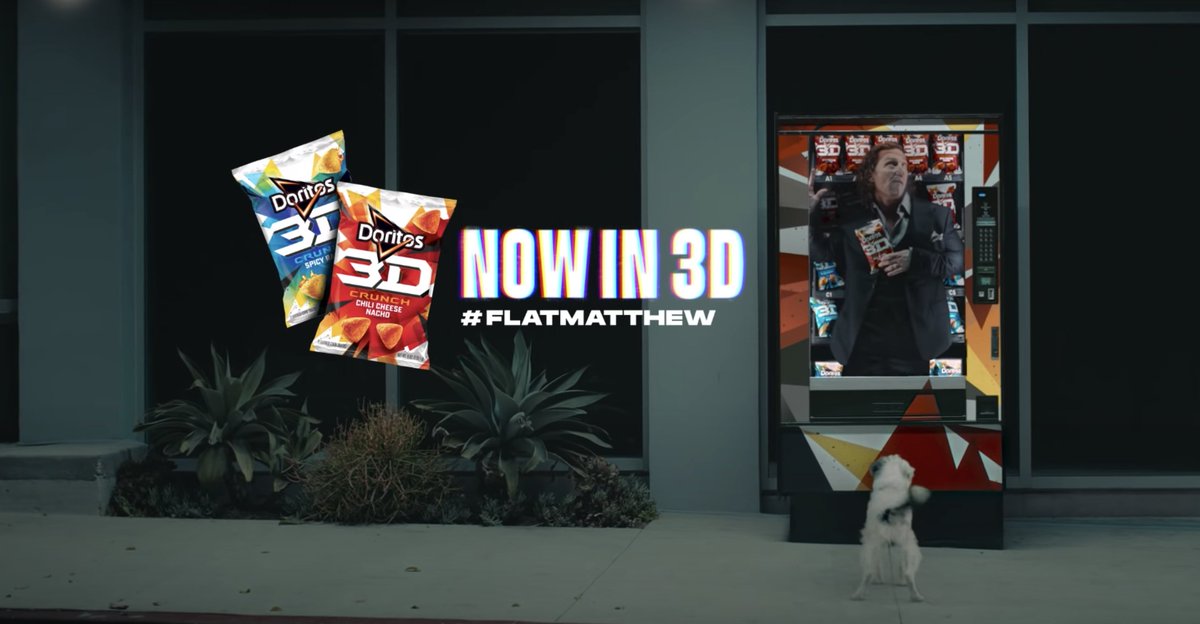 DORITOS.‘Now in 3D’ has gotta be Beni Bold. The cuts in the ‘N’ are a dead giveaway.Struggling with ‘ #FlatMatthew’. An adjusted Aspire SmallCaps? Can’t think of a font that has parallel terminals in a sheered octothorpe, an indented ‘F’ glyph, AND flush ‘E’ terminals 