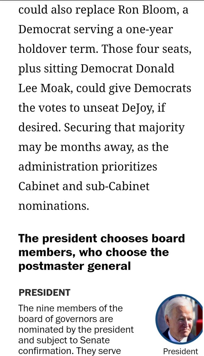 Replacing enough of Postal Board to get a majority that could fire DeJoy could be months away...Good things come to those who wait!