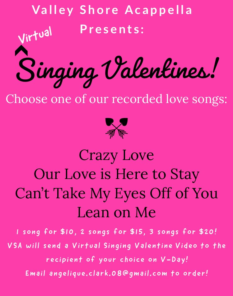This Love Day say ‘Oh Hey’ and connect with your special human through Valley Shore Acappella’s Virtual Singing Valentines!! $10 for three songs barbershop style 💃🏻🤍✨ Email Angelique.Clark.08@gmail.com #SweetAdelinesStrong #Barbershop #SistersInHarmony