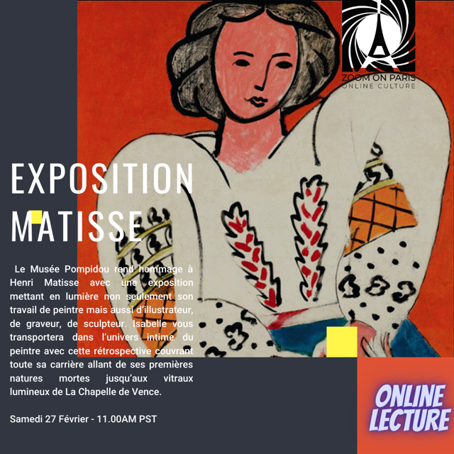 The Centre Pompidou pays homage to Henri Matisse up to February 22nd, with the exhibition "Matisse comme un roman" (Like a novel).
Saturday February 27th at 11 am PT . IN FRENCH.
Tickets at
afscv.org/community/even…
